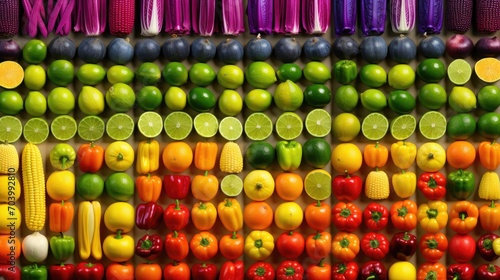 Background of vegetables and fruits. Top view of stalls with organic plant products in the farmer s market or store. Products for a healthy diet. Bright colorful showcase.