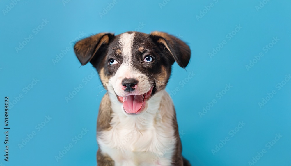 A smiling dog with happy expression. Close-up portrait of a very friendly dog, isolated on a blue background with large copy space.;