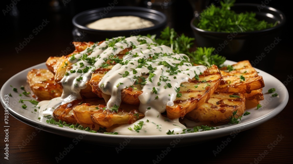 a white plate topped with potatoes covered in white sauce and garnished with parsley on top of a wooden table next to a bowl of dip and bowl of dip. a white plate topped with potatoes covered in white sauce and garnished with parsley on top of a wooden table next to a bowl of dip and bowl of dip.