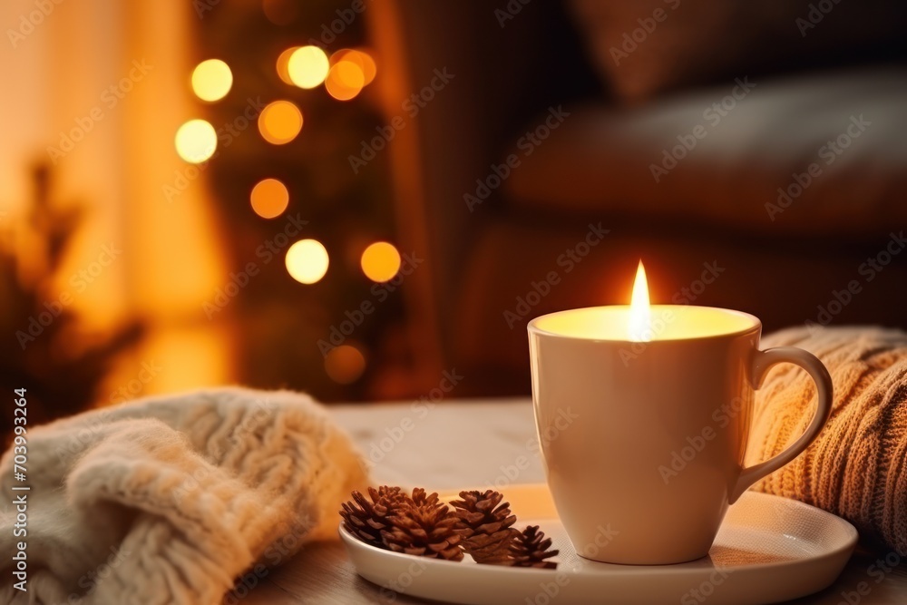 a cup of coffee sitting on top of a table next to a plate with a pine cone on it and a lit candle in the middle of the coffee cup. a cup of coffee sitting on top of a table next to a plate with a pine cone on it and a lit candle in the middle of the coffee cup.