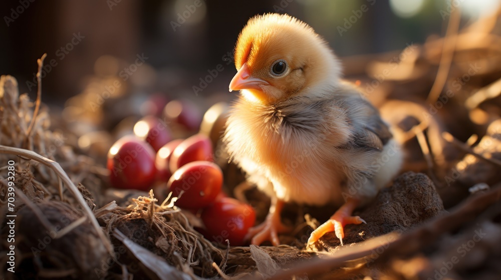  a small chicken sitting on top of a pile of hay next to a pile of small red and yellow eggs on a pile of hay next to a pile of straw.