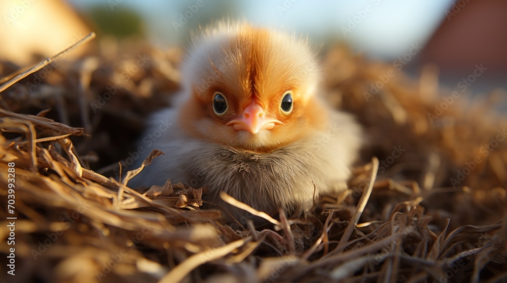  a close up of a small chicken in a pile of dry grass with a blurry background of grass and a house in the back ground with a building in the background.