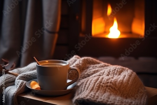  a cup of coffee sitting on top of a wooden table next to a blanket and a fire burning in a fireplace in a room with a blanket on the floor.