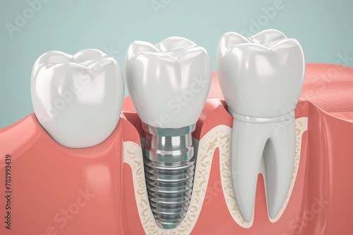 Obraz na płótnie Cross section of the jaw with an embedded dental implant in the gum. Dental surgery for teeth restoration. Dentistry and tooth care concept w salonie