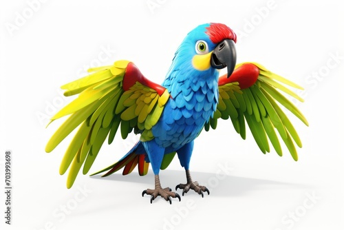  a blue and yellow parrot standing on its hind legs with its wings spread out and eyes wide open, with its wings spread wide open, on a white background.