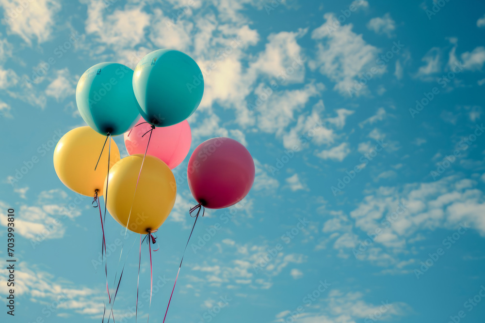 Bunch of colorful helium balloons are floating high up in blue sky. Party and birthday celebration concept Bunch of colorful helium balloons are floating high up in blue sky. Party and birthday celebration concept