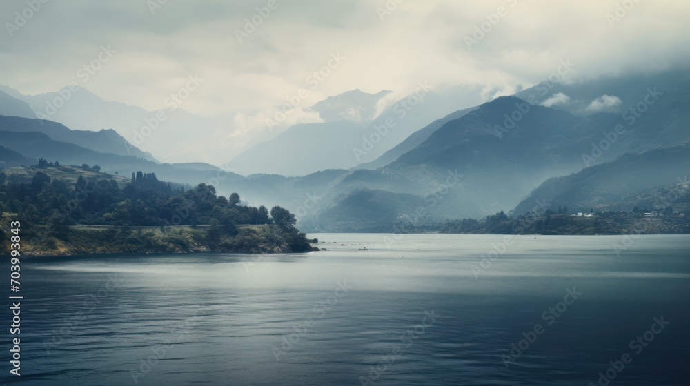  a body of water with a mountain range in the back ground and clouds in the sky over the water and trees on the other side of the water, and a small island in the foreground.