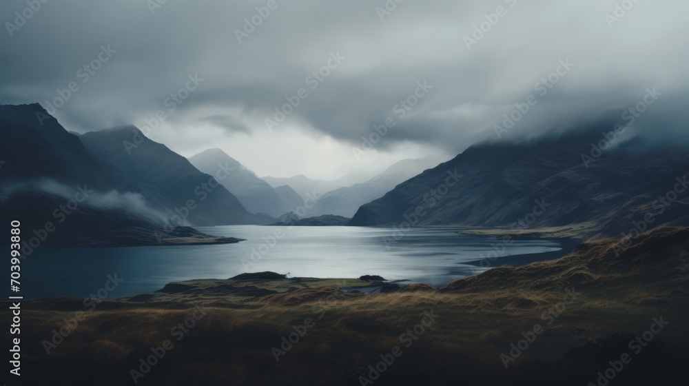  a large body of water surrounded by mountains under a cloudy sky in the middle of a field with grass on both sides of the water and grass on both sides of the edge of the water.