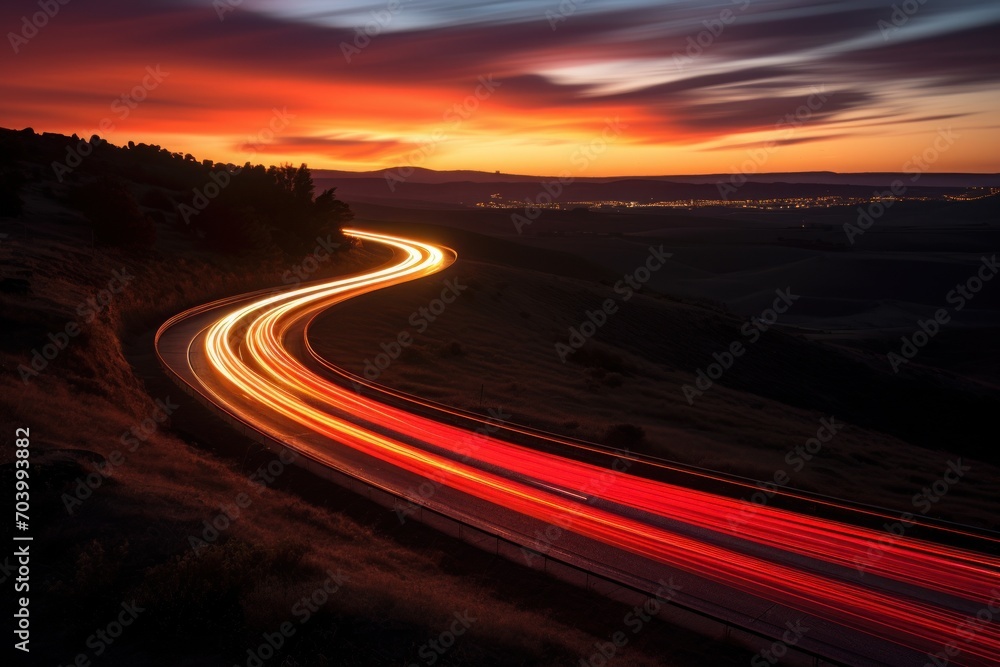  a long exposure photo of a highway at night with the lights of the cars streaking down the side of the road as the sun goes down in the distance.