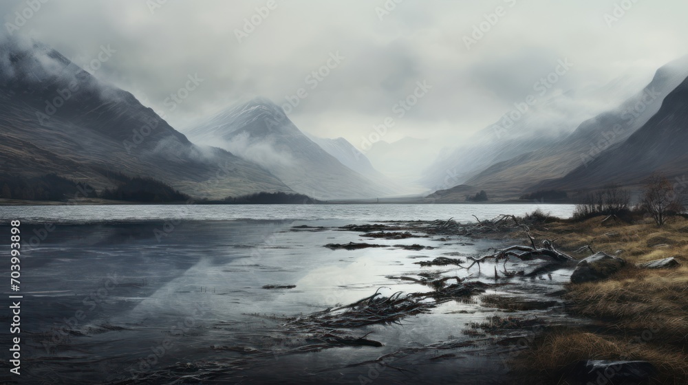  a body of water surrounded by mountains in a foggy day with grass on the shore and a patch of grass in the foreground with a few patches of grass in the foreground.