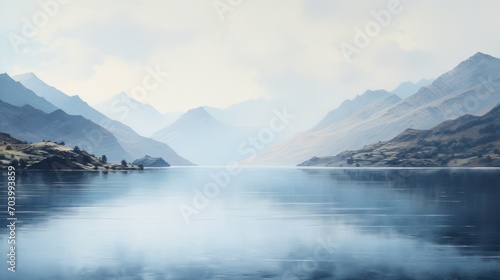  a large body of water with mountains in the background and a few clouds in the sky over the water and in the foreground is a body of water with a small island in the foreground.