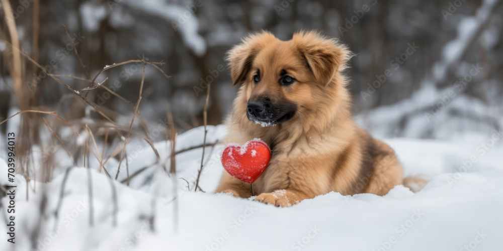 Cute dog and Valentine. Cute Puppy in snowy winter forest with a red heart in his paws. Valentine's day banner. Love and Romantic concept