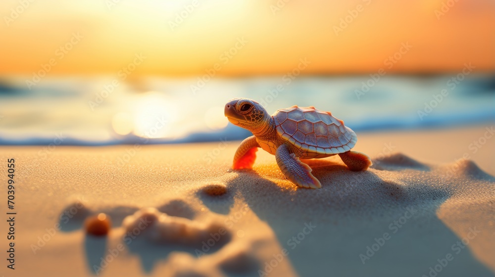 Obraz premium Close-up of a sea turtle crawling along the sand of the coast. Natural background. Modern screen design. Illustration for cover, postcard, postcard, banner, poster, brochure or presentation.