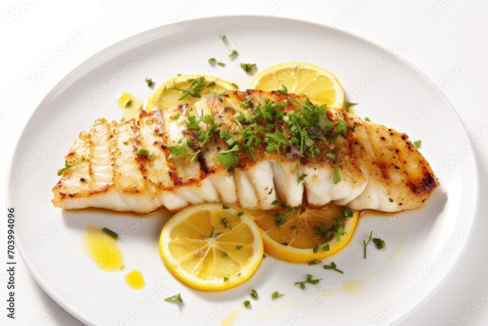 a white plate topped with a piece of fish covered in lemon slices and garnished with herbs and garnished with lemon wedges next to a slice of lemon. a white plate topped with a piece of fish covered in lemon slices and garnished with herbs and garnished with lemon wedges next to a slice of lemon.