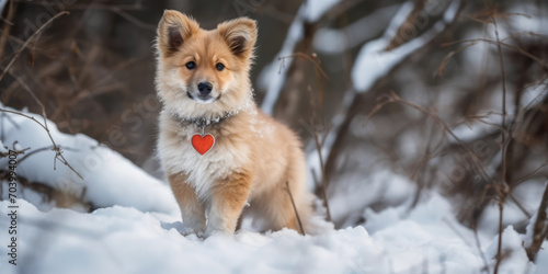 Cute puppy and Valentine. Dog in collar with red heart sitting in snow in winter forest. Valentine's day greeting card. Love concept