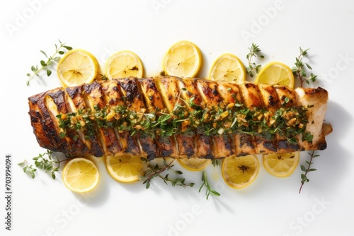  a piece of grilled fish with lemons and herbs on a white plate with a few slices of lemons on the side of the fish and a sprig of herbs on the side.