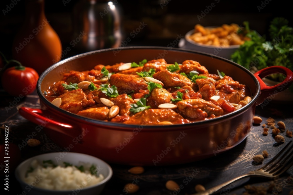  a close up of a pan of food on a table next to a bowl of rice and a bowl of vegetables and a vase with a spoon on the side.