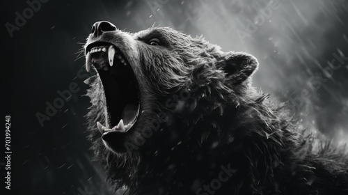 Close-up of an angry bear's face. A toothy grizzly in monochrome style. Animal in the habitat. Illustration for cover, card, postcard, interior design, banner, poster, brochure or presentation.