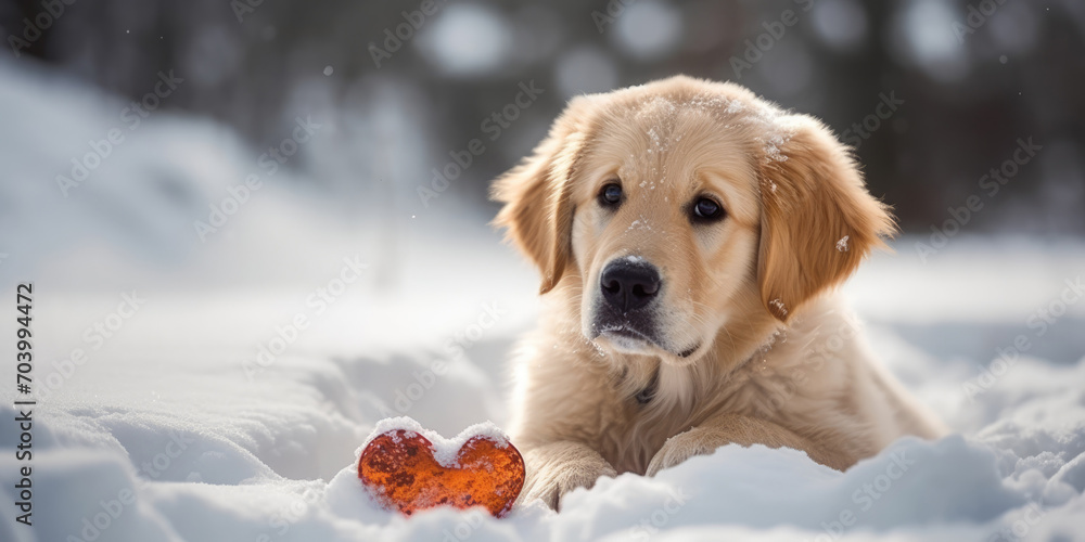 Golden Retriever  with Red Heart in snowy forest. Cute dog and Valentine. Valentine's day concept. Love concept. Romantic banner, copy space
