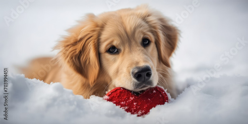 Cute dog and Valentine. Golden Retriever puppy playing with red heart in snow. Valentine's day greeting card. Love concept. Romantic banner, copy space