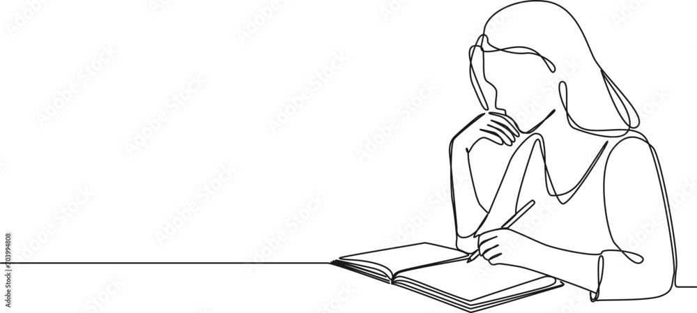 continuous single line drawing of woman writing in diary, line art vector illustration - obrazy, fototapety, plakaty 
