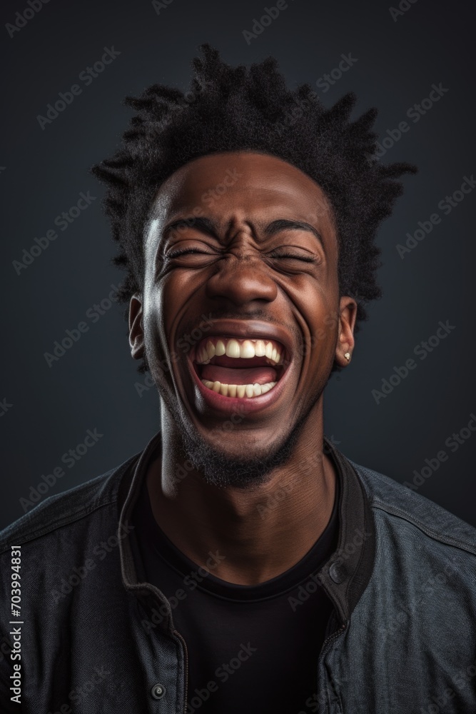 Portrait of a cheerful African in close-up on a black background in the studio