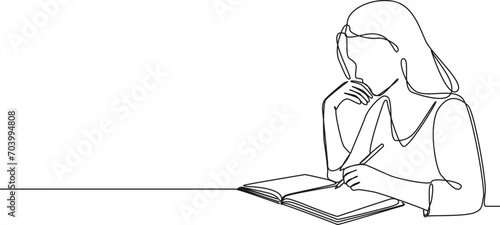 continuous single line drawing of woman writing in diary, line art vector illustration photo