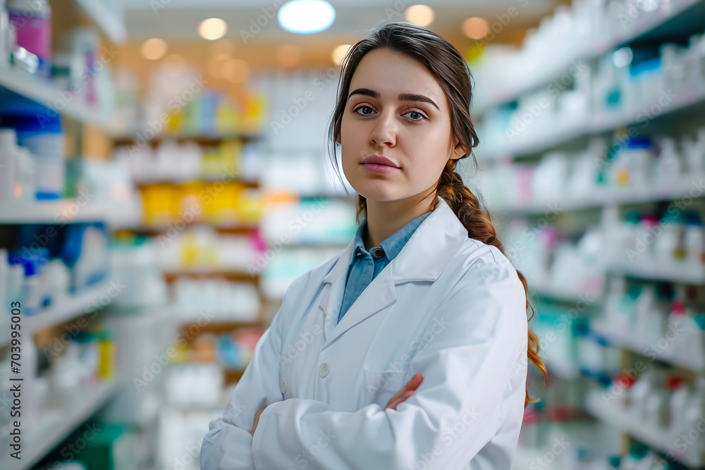female pharmacist against the background of blurred shelves with medicines female pharmacist against the background of blurred shelves with medicines