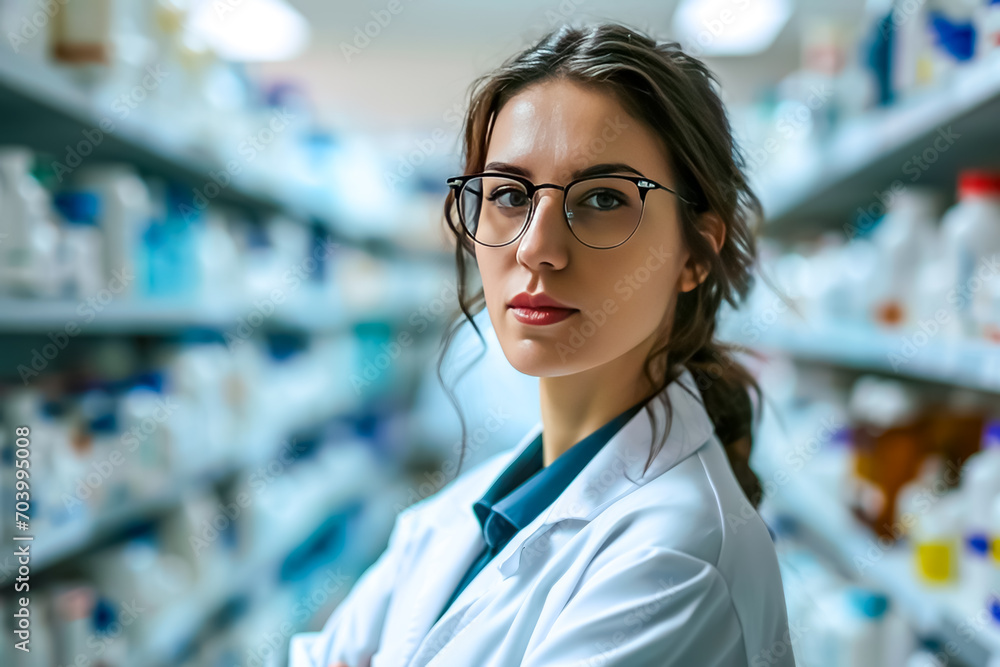 female pharmacist against the background of blurred shelves with medicines