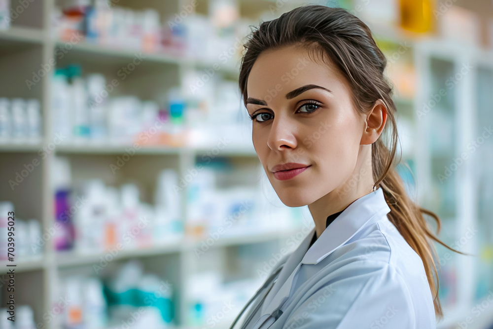 female pharmacist against the background of blurred shelves with medicines female pharmacist against the background of blurred shelves with medicines