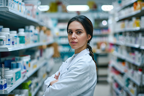 female pharmacist against the background of blurred shelves with medicines