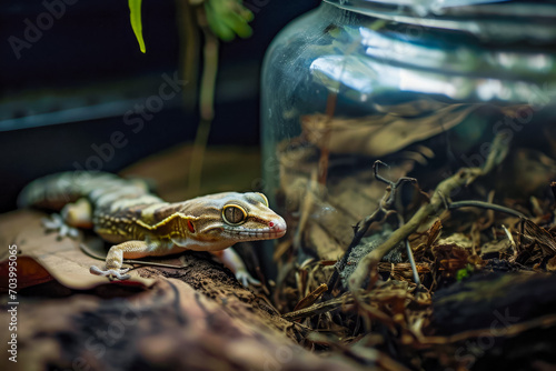 gecko and a cricket in a tank ,photography, natural light