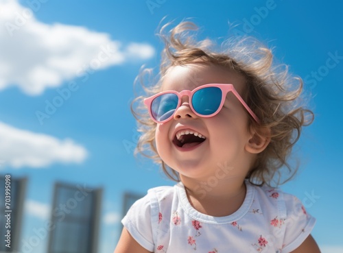 Portrait of a little girl in pink sunglasses against the blue sky