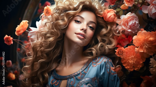 Beautiful girl with long curly hair and flowers. Beauty, fashion.