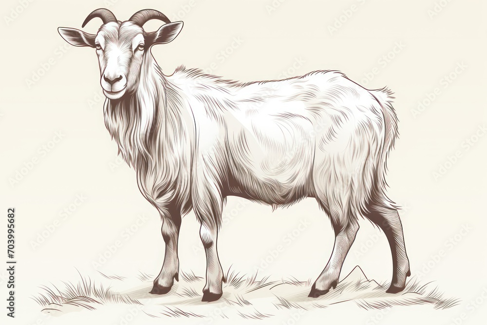 a drawing of a goat standing on top of a grass covered field next to a field with a bird on it's back end of it's head. a drawing of a goat standing on top of a grass covered field next to a field with a bird on it's back end of it's head.
