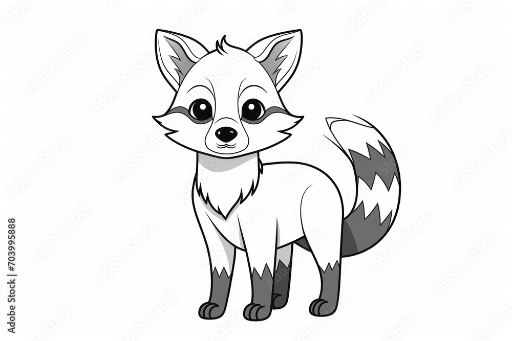  a cute little fox with big eyes and a black and white stripe on it's chest, standing in front of a white background and black and white background.
