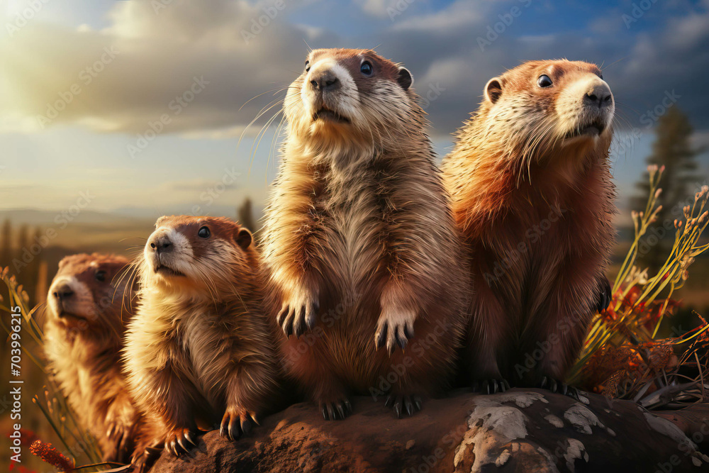 A groundhog family on Groundhog Day to announce spring. Weather prediction in february - obrazy, fototapety, plakaty 