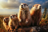 A groundhog family on Groundhog Day to announce spring. Weather prediction in february