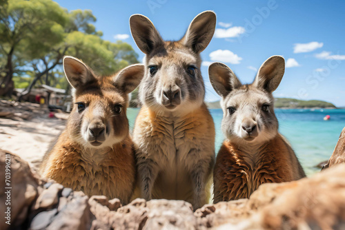 National kangaroo family in Australian beach. Australia's day photo