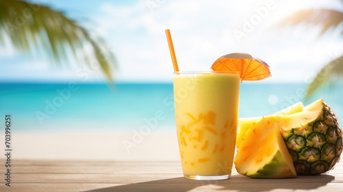  a pineapple and a pineapple drink sitting on a wooden table next to a beach with a palm tree and blue sky in the background in the foreground.