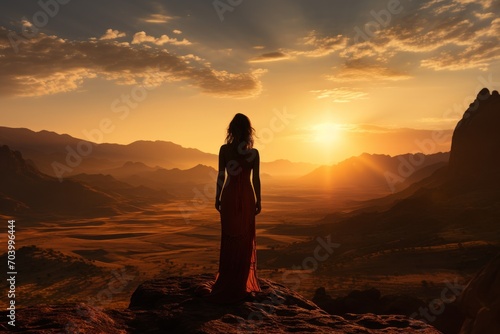  a woman in a long dress standing on top of a mountain with the sun setting over the mountains behind her and a mountain range in the distance is silhouetted by the horizon.