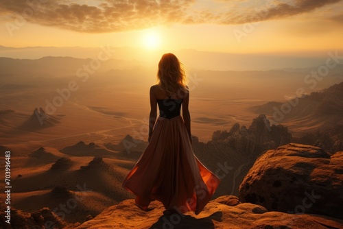 a woman in a long dress standing on top of a mountain looking out at a valley and the sun setting in the distance with mountains in the distance in the distance.