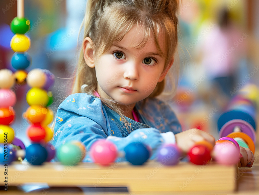 Obraz premium Portrait of a girl playing in the garden with colorful wooden toys