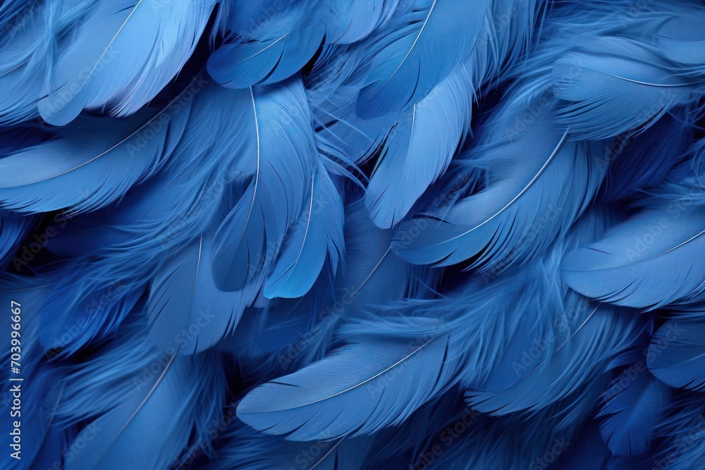 a bunch of blue feathers that are very close to each other on a blue background with a blurry image of the back of the feathers of a bird's head. a bunch of blue feathers that are very close to each other on a blue background with a blurry image of the back of the feathers of a bird's head.