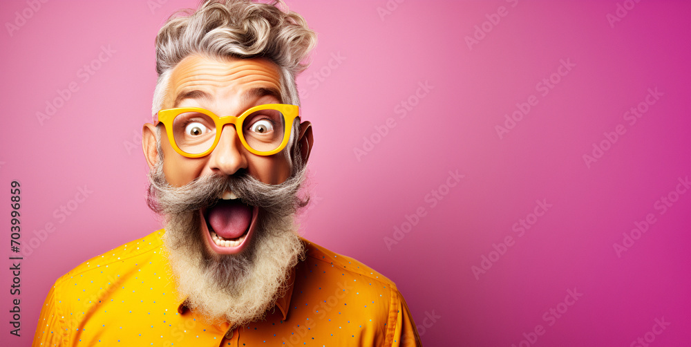 wow saying success celebrating laughing happy excited shocked feeling man crazy bearded young amazement amazing celebrate charming fascinating fun happiness shock successful surprise - obrazy, fototapety, plakaty 