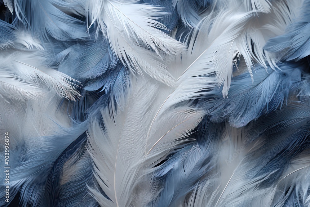 a bunch of blue and white feathers on a black and white background with ...