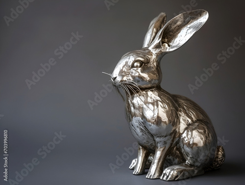insulated metallic silver rabbit on grey background with copy space