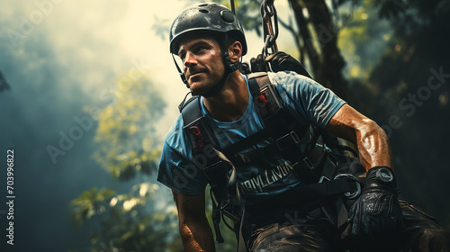 Zip Line Adventure: Man enjoying a zip-lining experience through a dense forest. photo