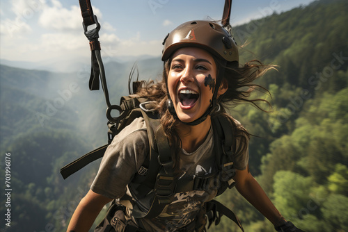 Zip Line Adventure: Young woman enjoying a zip-lining experience over dense forest terrain.