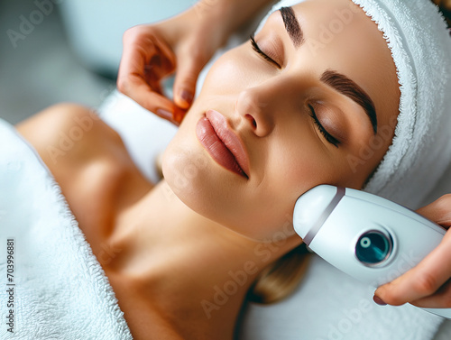 Medical, cosmetological procedure for the treatment of facial skin with light, phototherapy for cleansing the pores on the face. Skin care, cosmetic procedures. photo